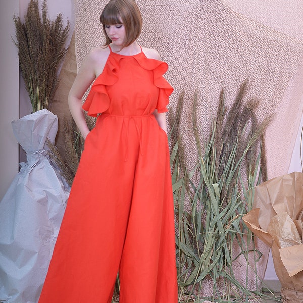 Combinaison en lin de mariage, Baroudeuse en lin de festival, Salopette Palazzo ample