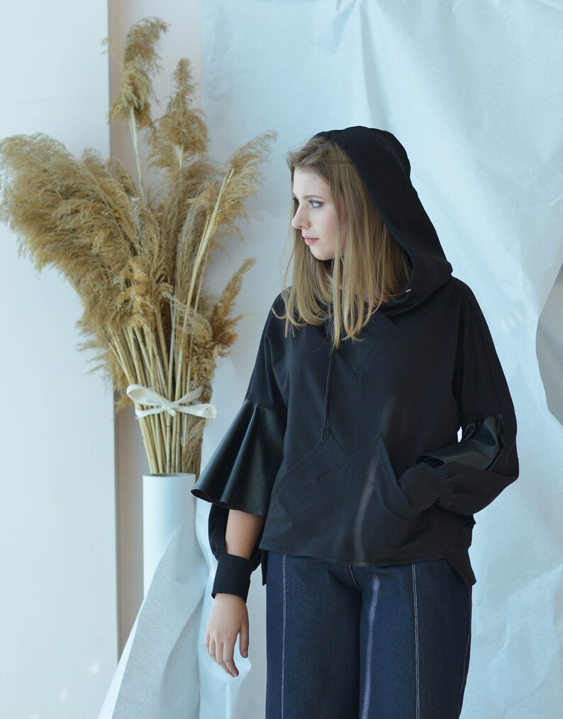 Ruffle Top Hooded Sweatshirt Asymmetrical Sleeves Black Hoodie Leather Top