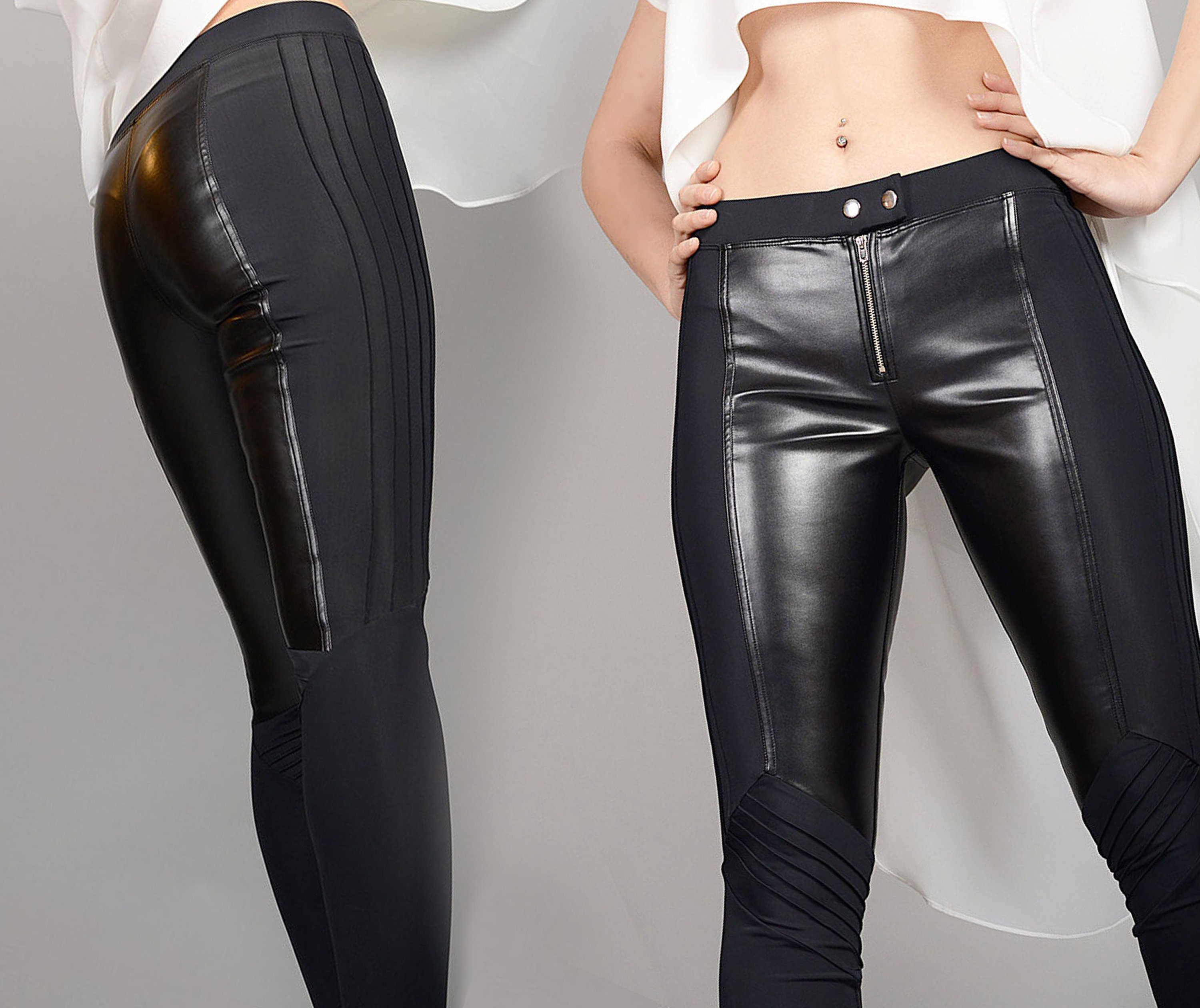 Women Black Leather Look Pants / Faux Leather Leggings / Black