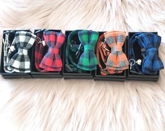 Kitty Bowtie Cotton Plaid Collar in Green, Orange, Red, Blue or Black&White