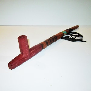 Catlinite T Shaped Pipe Signed Little Crow With Decorated Stem Approximately 16 Inches Long