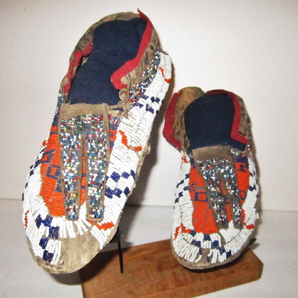 19th C Sioux fully Beaded Moccasins Split Tongue Brain Tanned Deer Hide Sinew Sown with Parfleche Soles