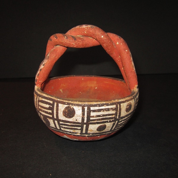 Early Santo Domingo Pueblo Polychrome Handled Bowl Over4 1/2 Inches Tall and 4 inches Diameter