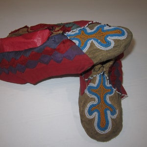 19th C. Kickapoo Ribbon Work Beaded Moccasins on Brain Tanned Leather ...