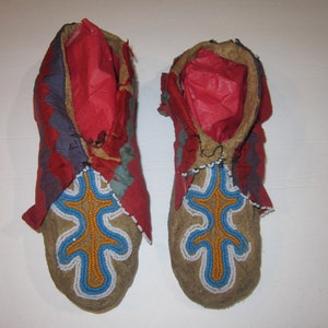 19th C. Kickapoo Ribbon Work Beaded Moccasins on Brain Tanned Leather ...