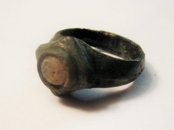 Authentic Robust Bronze Ring with Amber Stone (Gl… - image 1