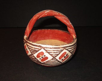 Early Santo Domingo Pueblo Polychrome Handled Bowl 4 Inches Tall and 4 inches Diameter