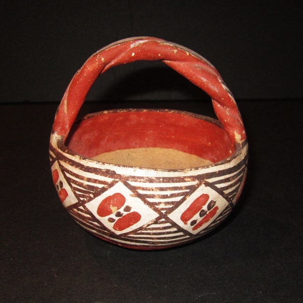 Early Santo Domingo Pueblo Polychrome Handled Bowl 4 Inches Tall and 4 inches Diameter