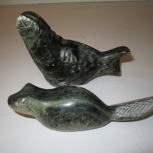Inuit Eskimo Signed Soapstone Carving of a Seal and a Beaver, stunning examples!
