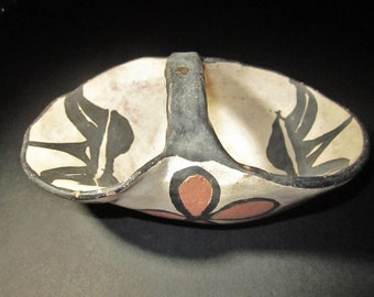 Early Santo Domingo Pueblo Polychromed Handled Dish Over 6 1/2 Inches Long and 3 Inches High