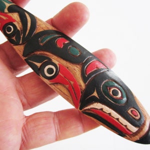 Northwest Coast  Hand Carved Bas Relief and Painted Seal Cedar Souvenir Dance Paddle 10 1/2 Inches