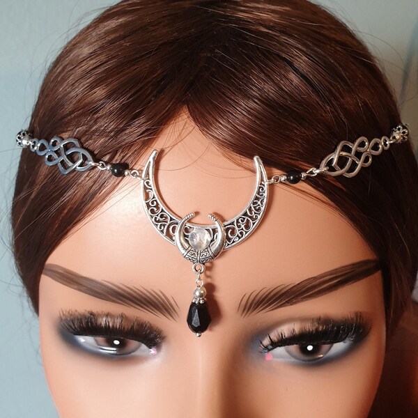 Celtic Goddess Head-chain with Moonstone and Onyx,  Crescent Moon Pagan Wiccan Handfasting Jewellery