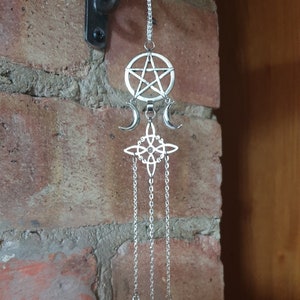 Witches Knot Protection Bells with Moonstone, Celtic Pentagram Triple Moon Pagan Wicca