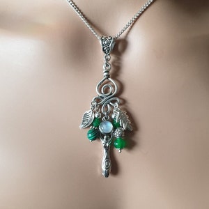 Celtic Spiral Moon Goddess with Emeralds and Moonstone Gemstone Necklace ~ Druid Pagan Wicca Jewellery Gift