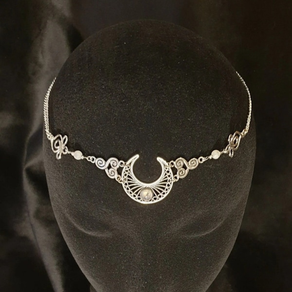 Rhiannon Lunar Goddess Crescent Moon Moonstone Headdress, Celtic Elven, Pagan Wicca Jewellery