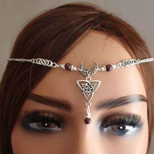Celtic Triquetra and Crescent Moon Circlet with Garnet - Tiara Head-chain, Elven Pagan Wicca Jewellery