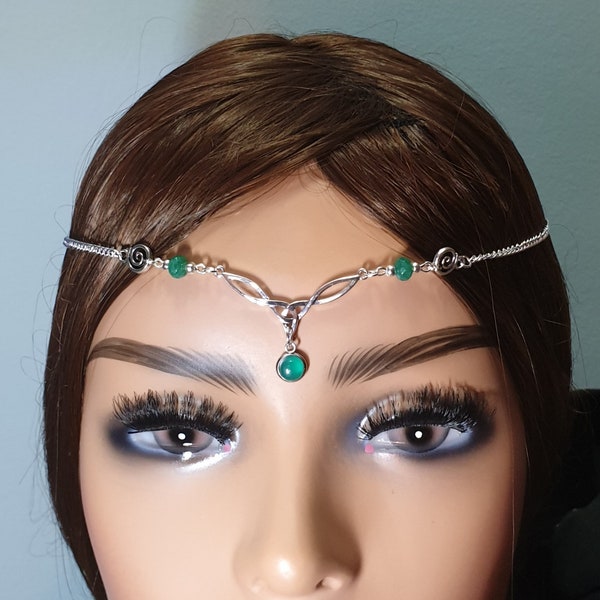 Elven Tiara Circlet Headdress, Celtic Triquetra Emerald and Green Onyx Wedding Supplies