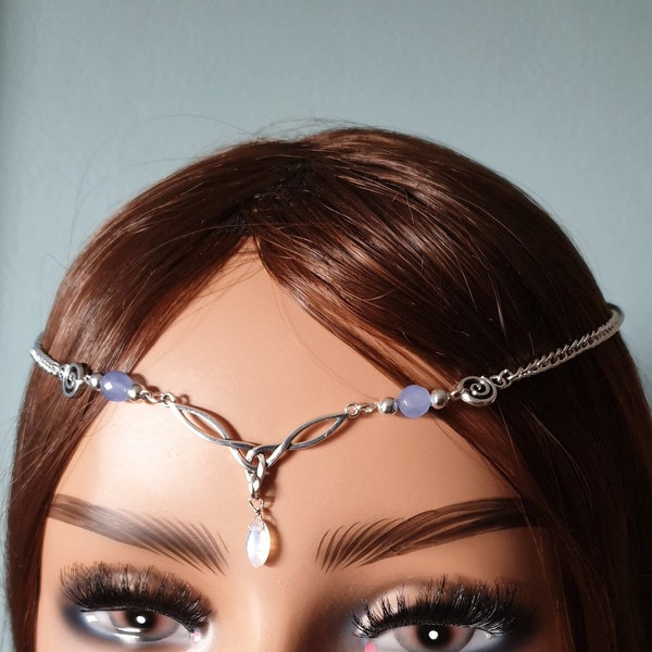 Celtic Elven Triquetra Head-chain with Topaz and Moonstone - Handfasting Wedding Headdress