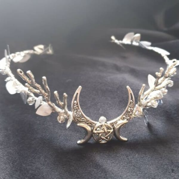 Triple Moon Quartz Goddess Headdress Circlet Wicca Pagan Handfasting Wedding