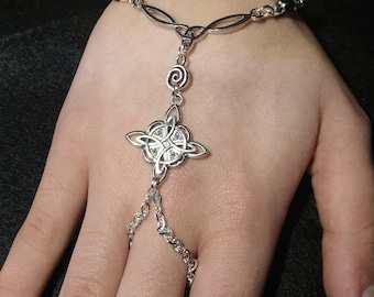 Celtic Witch Knot Hand harness, Slave chain with Blue Goldstone. Pagan Wicca Jewellery Gift.