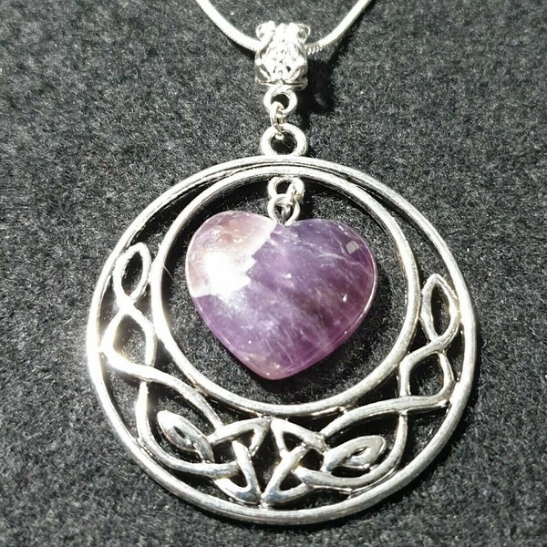 Valentines Gift Celtic Heart Pendant with Natural Amethyst, Gemstone Jewellery