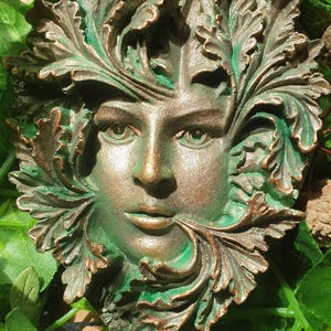 Hand-cast and painted Green Oak Woman of the Forest. Garden Wall Plaque Ornament Gift