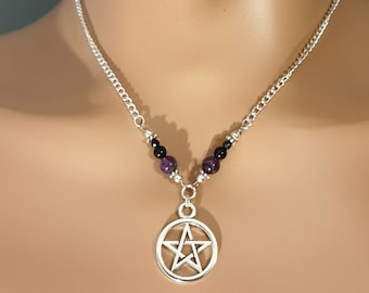 Silver Pentagram Amulet Necklace with Amethyst and Obsidian, Pagan Wicca Witch  Jewellery