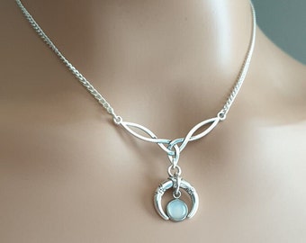 Celtic Moonstone Necklace ~ Horned Moon and Triquetra  Silver Plated Chain Pagan Wicca Jewellery