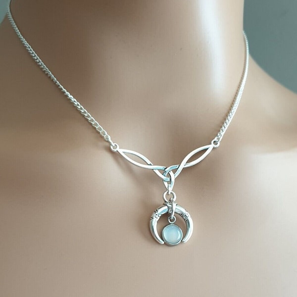 Celtic Moonstone Necklace ~ Horned Moon and Triquetra  Silver Plated Chain Pagan Wicca Jewellery