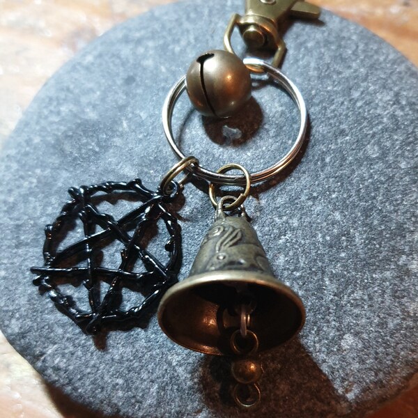 Pentagram and Hare Witch Bells - Key-ring or Bag Charm - Pagan Wicca Protection Amulet