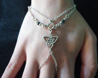 Celtic Witch Knot Hand harness, Slave chain with Blue Goldstone. Pagan Wicca Jewellery Gift.