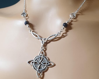 Witch Knot Spiral Goddess Necklace with Blue Goldstone  - Silver Chain Wiccan Pagan Jewellery