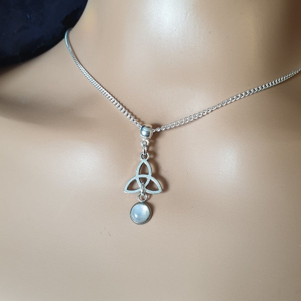 Celtic Moonstone Triquetra Necklace ~ Silver Plated Chain Pagan Wicca Jewellery