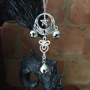 Celtic Pentagram Witch Bells with Rainbow Moonstone  - Home Protection Amulet, Luck, Pagan, Wicca Charm