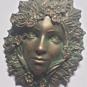 Hand-cast and painted Green Woman &#39;Apple Blossom&#39;.  Garden Wall Plaque Ornament Gift