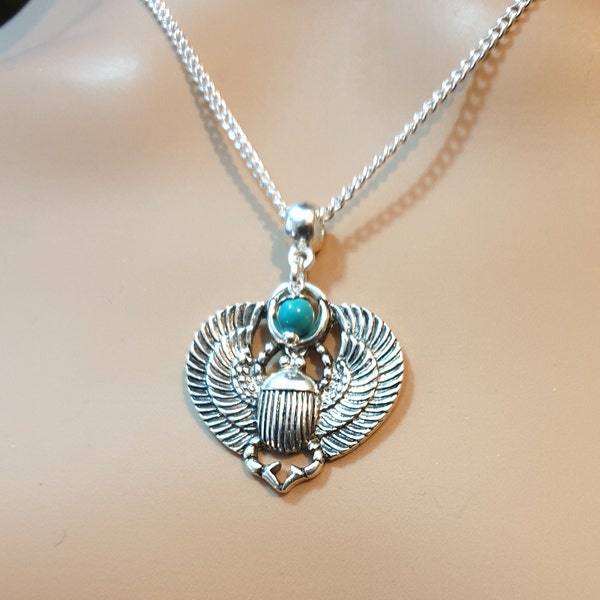 Scarab Beetle with Turquoise - Protective Egyptian God Amulet Pendant Necklace