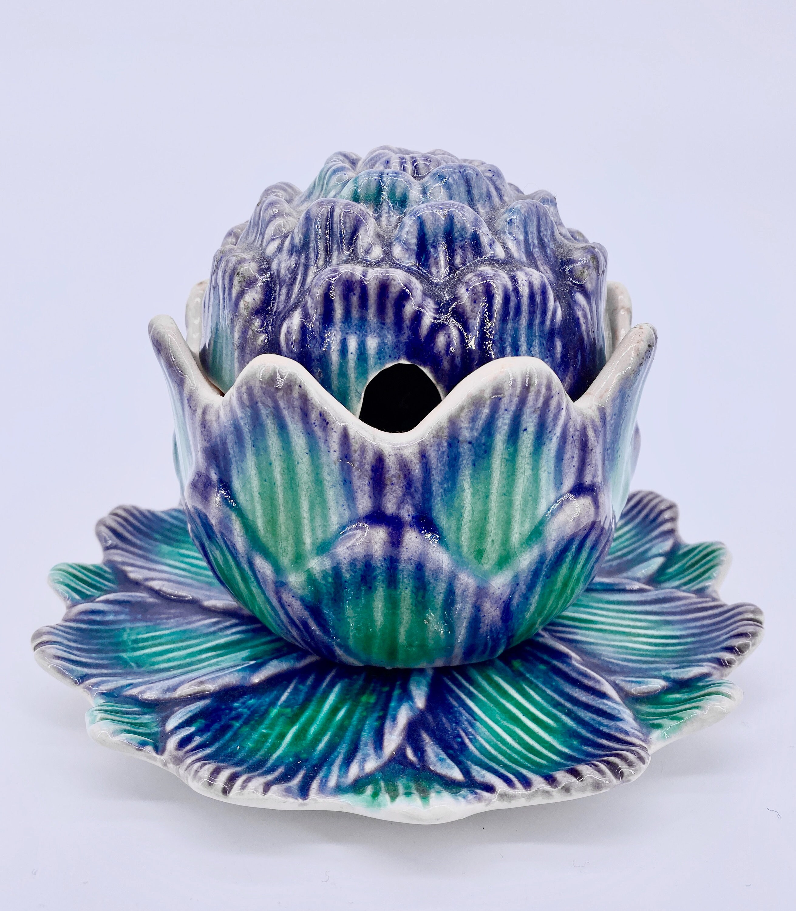 Barbotine Artichaut, Français Céramique Vers 1880, Pot de Gelée et Marmelade Assorti Sous Plat.