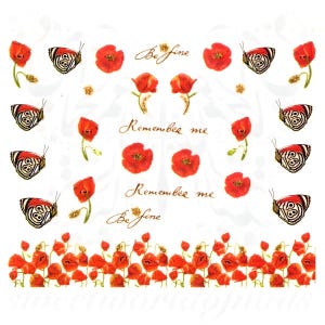 Poppy Flower Nails Glitter Butterfly Water Decals