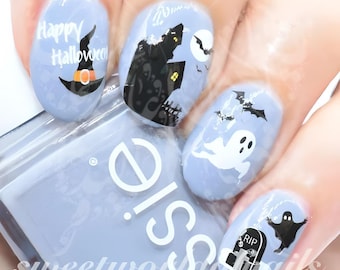 Halloween-nailart stickers spookhuis vleermuizen en spoken