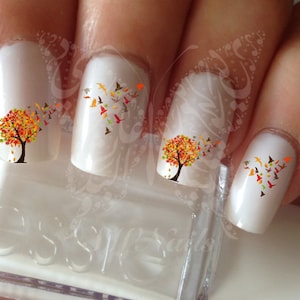 Autumn Tree falling Birds and Leaves Thanksgiving Nail Art Fall Water Decals Transfers Wraps