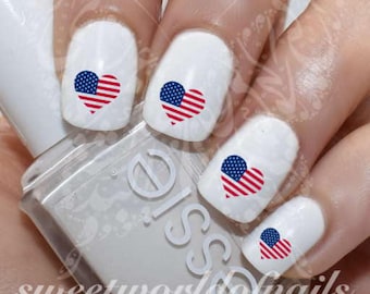 4th of July Nail Art USA flag Hearts water decals
