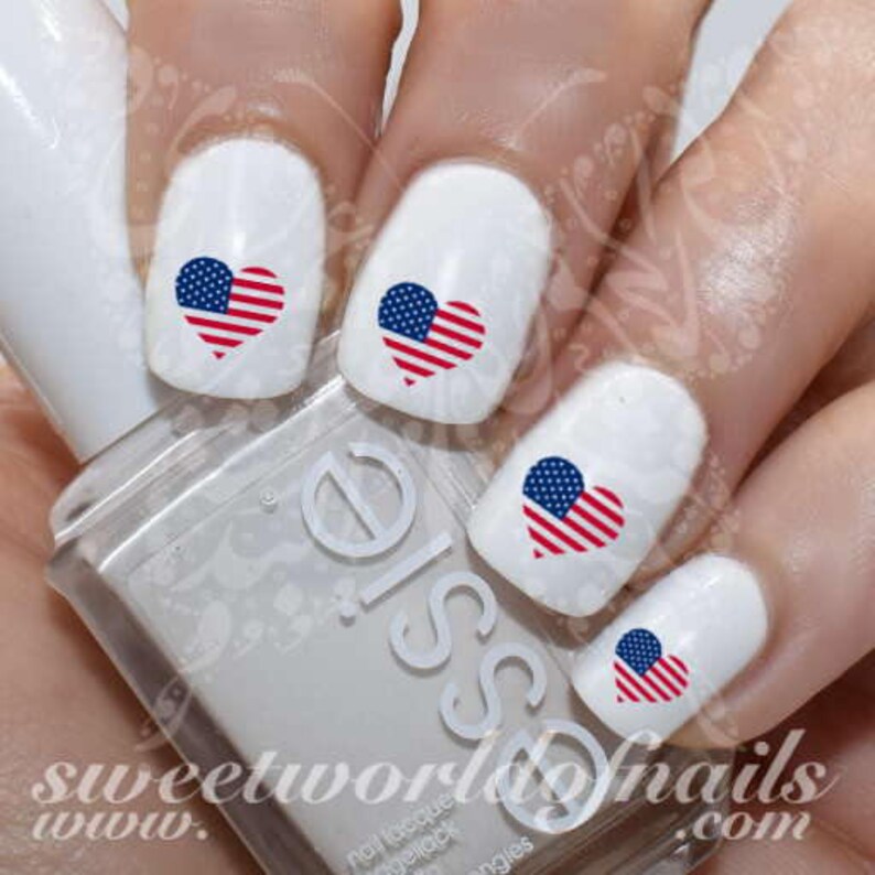 4th of July Nail Art USA flag Hearts water decals image 1