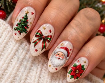 Christmas Nail Decals, Santa Nail Art, Christmas Tree Nail Stickers, Poinsettia & Bow Water Decals, Holiday Nail Art, Xmas Nail Decals