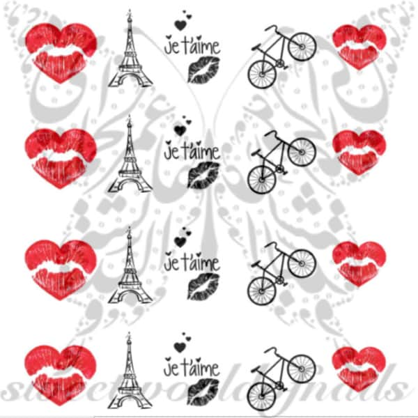 Paris Love Red Lips Je T'aime Nail Water Decals Transfers Wraps