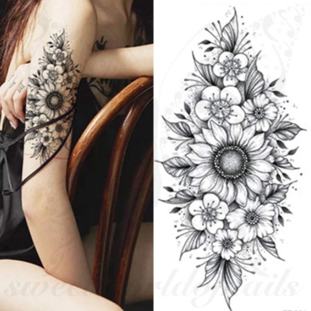 Tatuaje de cuerpo grande de flor negra - Etsy México Tatuaje de cuerpo grande de flor negra - Etsy México