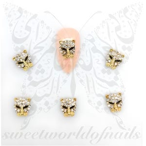 Gold Panther Nail Charms – Rhinestone Leopard Head 3D Nail Art Accessories for Luxury Manicures | Animal Bling Nail Decorations