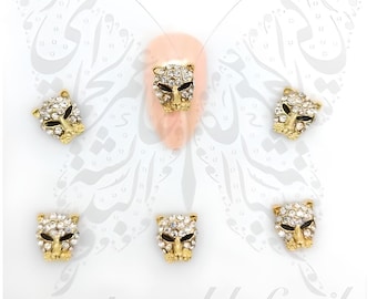 Ciondoli per unghie a forma di pantera dorata: nail art 3D con strass e leopardo - 2 pezzi