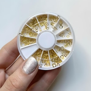 Gold Nail Art Charms Wheel – 3D Metal Geometric Shapes | Mixed Nail Decorations Kit | DIY Gel & Acrylic Nail Supplies