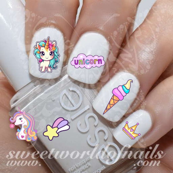 Unicorn Nail Art Rainbow diamond and clouds Nail water decals