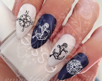 Nail Art Black Or White Anchor Compass Nail Water Decals Transfers Wraps